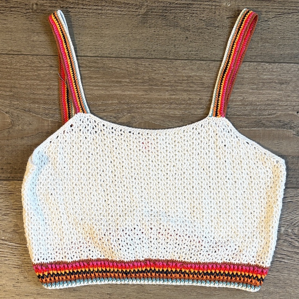 Marine Layer Caro Crochet Cropped Square Neck Tank Top in Ivory Stripe